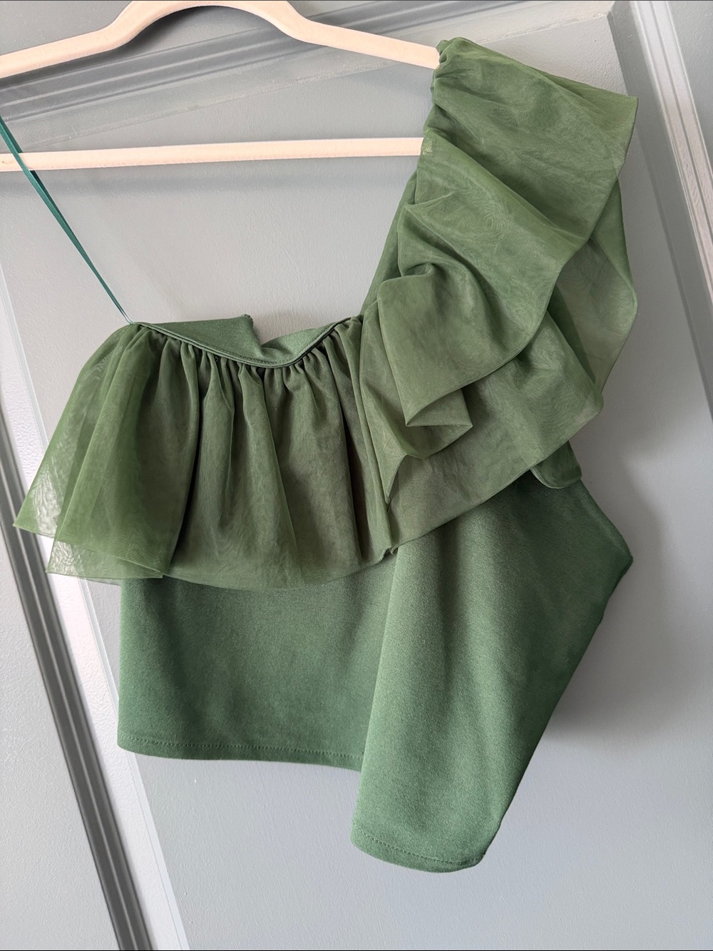 Sunday in Brooklyn One-Shoulder Ruffle Crop Top - Sage Green